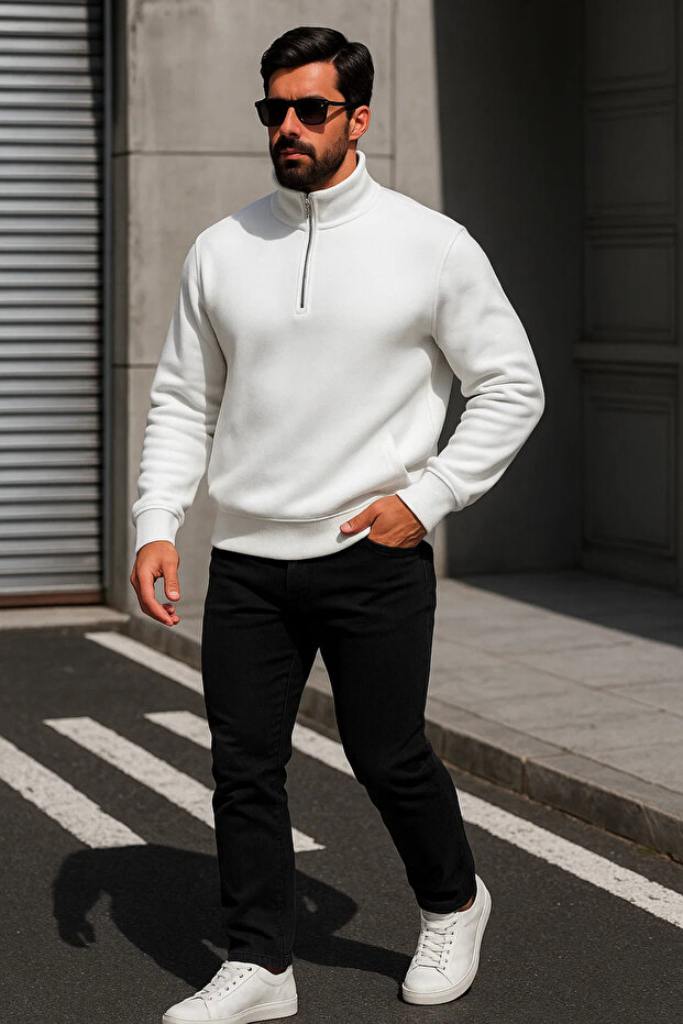 Men's Trend Oversized White Zippered Sweatshirt