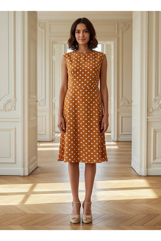 Polka Dot Print Sleeveless Mini Dress with Crew Neck