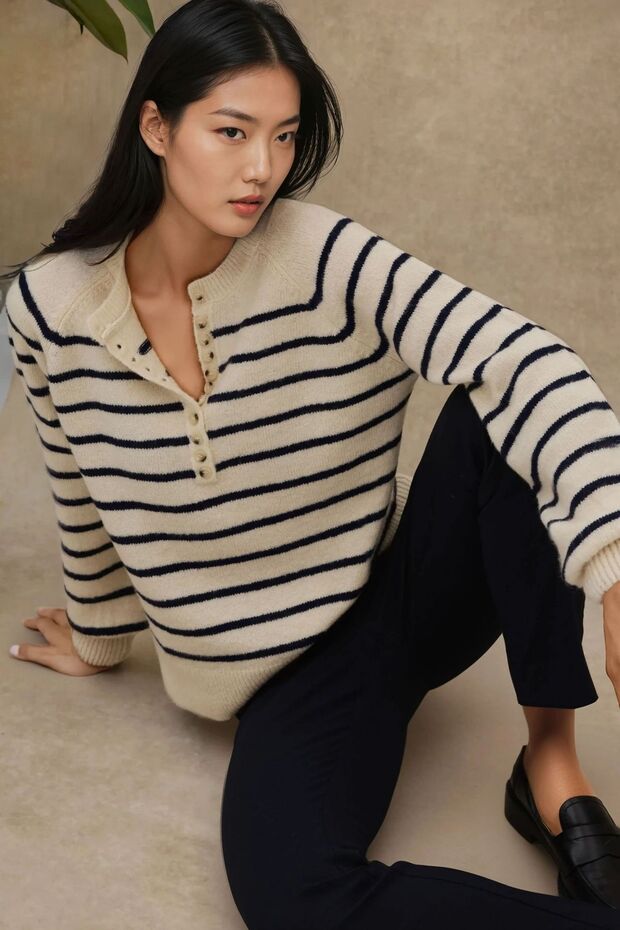 Striped button-down collar sweater - 1