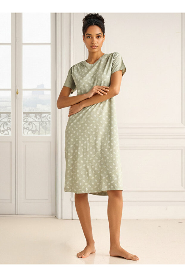 Embroidered Cotton Night Dress with Short Sleeves