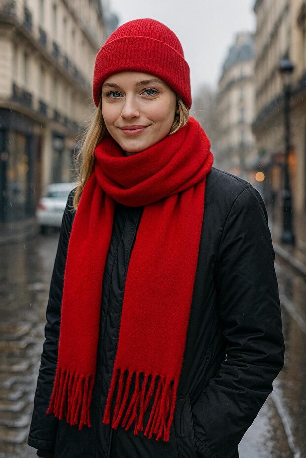 Red Boucle and Acrylic Tassel Scarf Beanie Set of 2