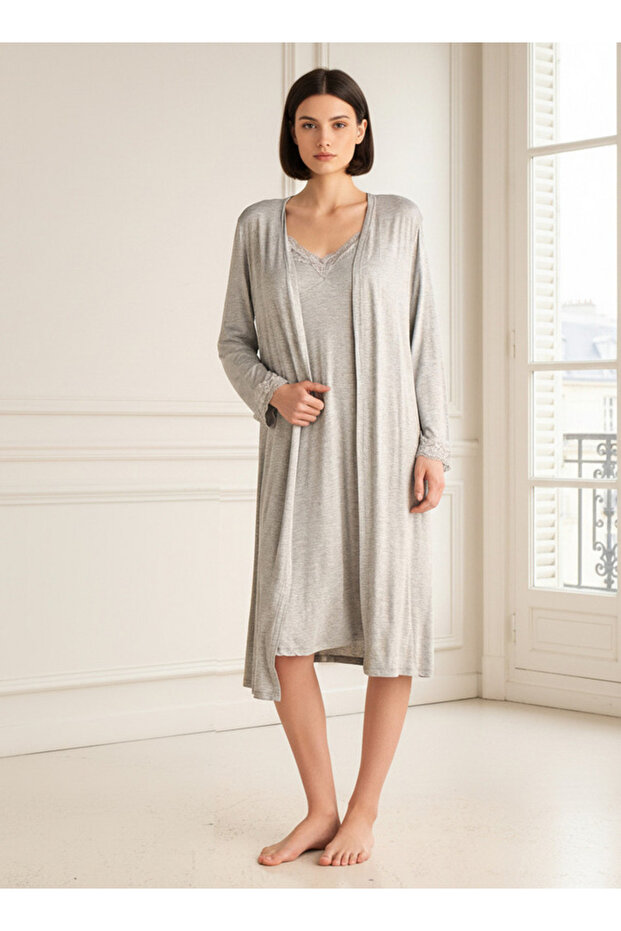 Night Dress with Robe Sleeveless Lace Detail