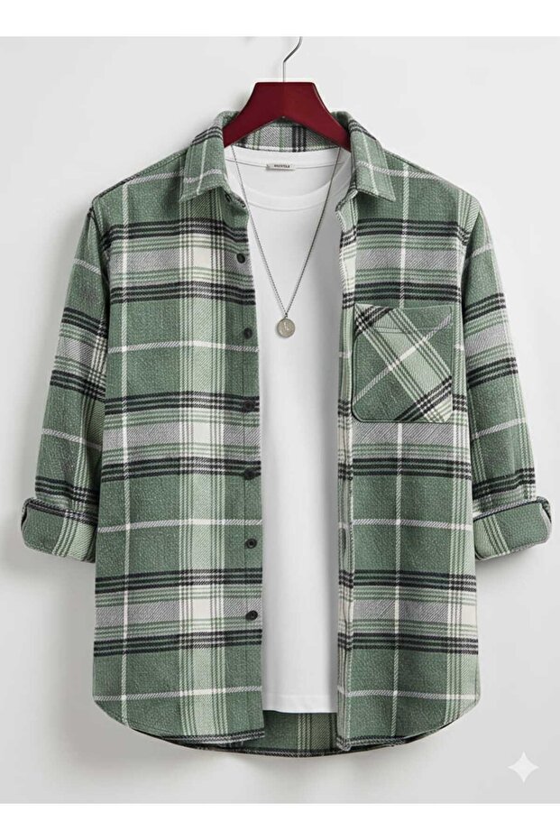 Single Pocket Detailed Plaid Textured Cashmere Cotton Button-Down Collar Winter Lumberjack Shirt