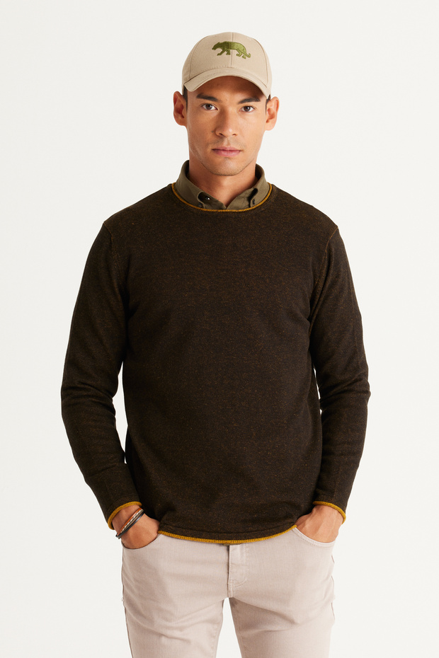 Black-Mustard Standard Fit Regular Cut Crew Neck Cotton Knitwear Sweater
