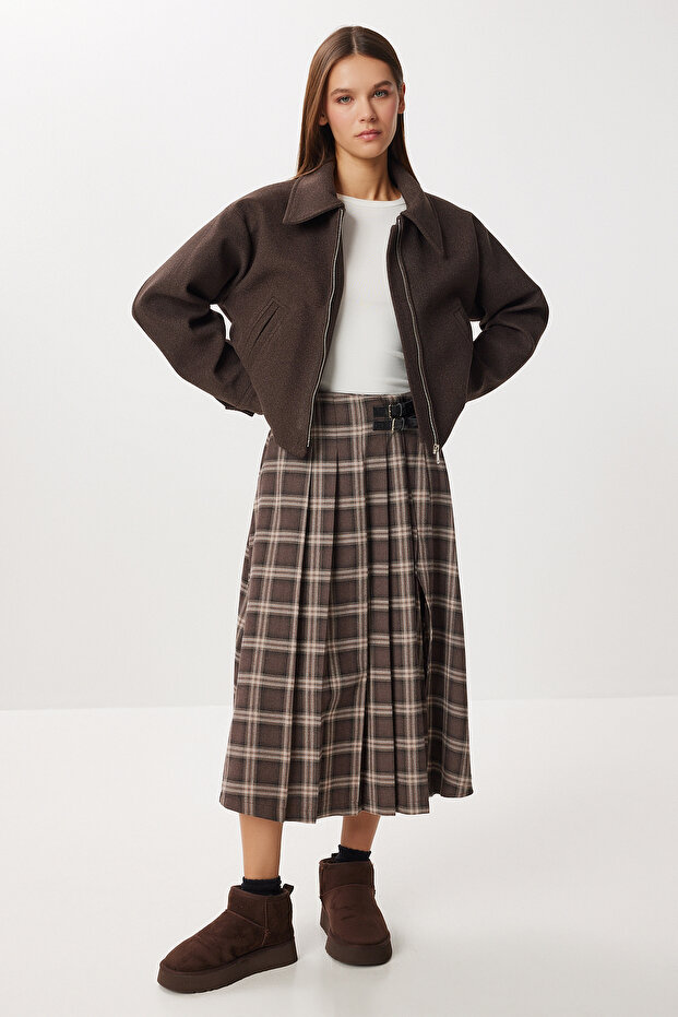 Belted Checkered Flared Woven Skirt Lns0015 Brown Vison