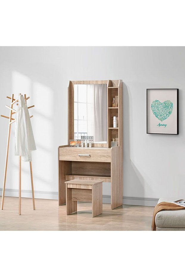 Supreme 1-Drawer Tall Dresser with Stool, French Sonoma Oak Design Storage & Mirror, 2-Year Warranty