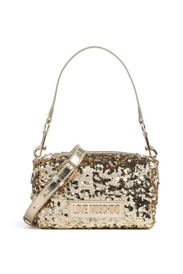 Women's Sequined Leather Adjustable Strap Metal Logo Gold Shoulder Bag