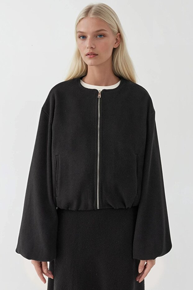 Fermuarlı Oversize Kaşe Bomber Ceket - 6