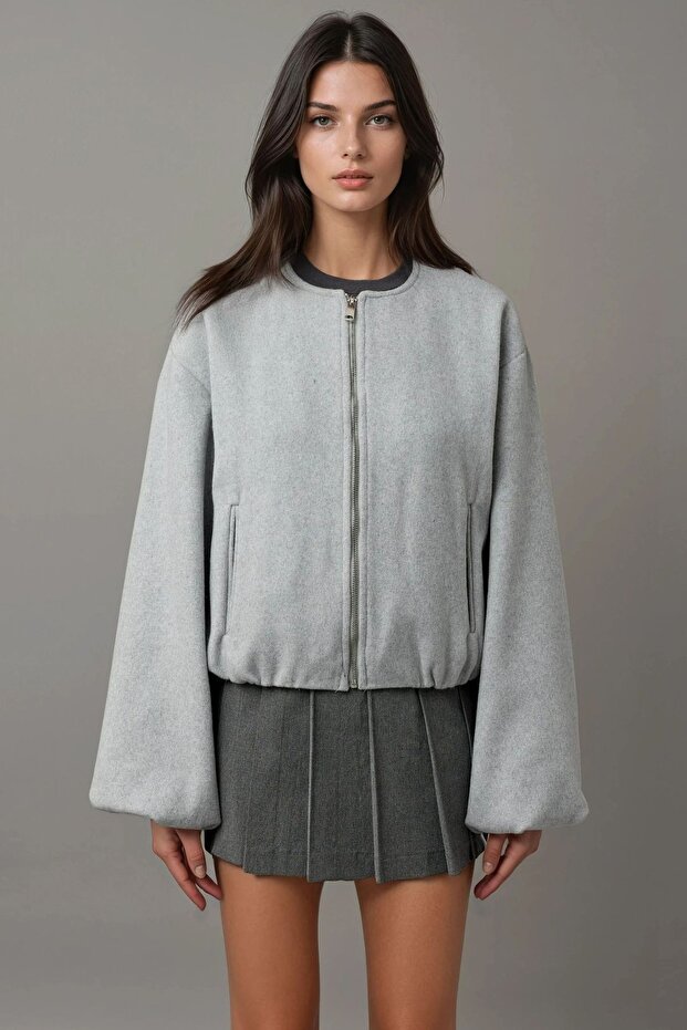 Fermuarlı Oversize Kaşe Bomber Ceket - 7