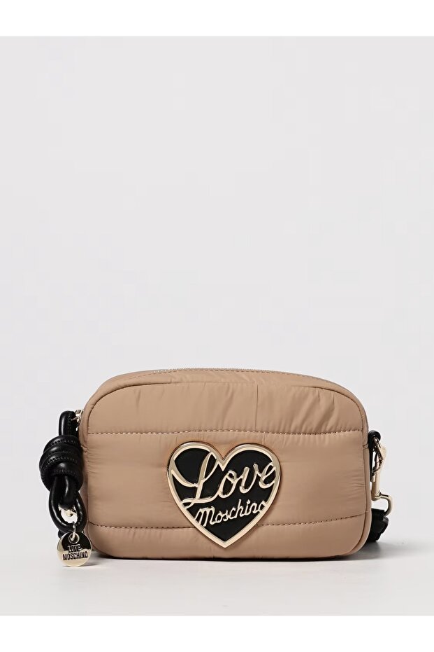Women's Metal Logo Zipper Closure Leather Short Handle Beige Shoulder Bag