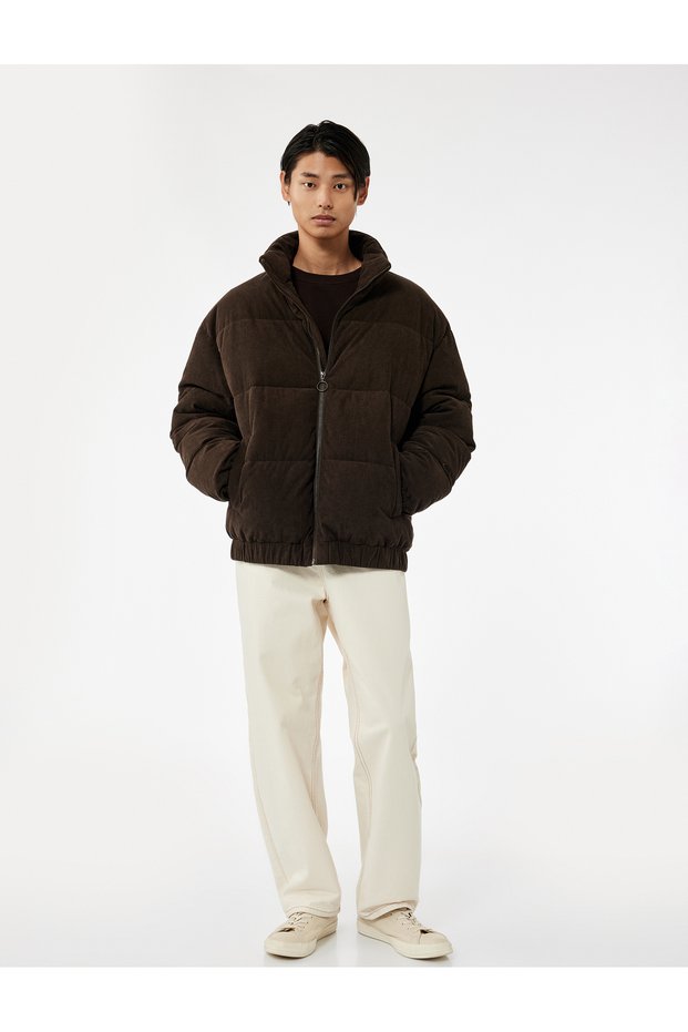 Mock Neck Long Sleeve Pocket Detailed Zippered Corded Fabric Velvet Winter Puffer Coat