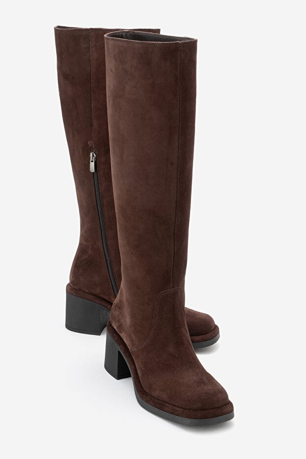 Fros Brown Suede Genuine Leather Women's Thick Heeled Boots