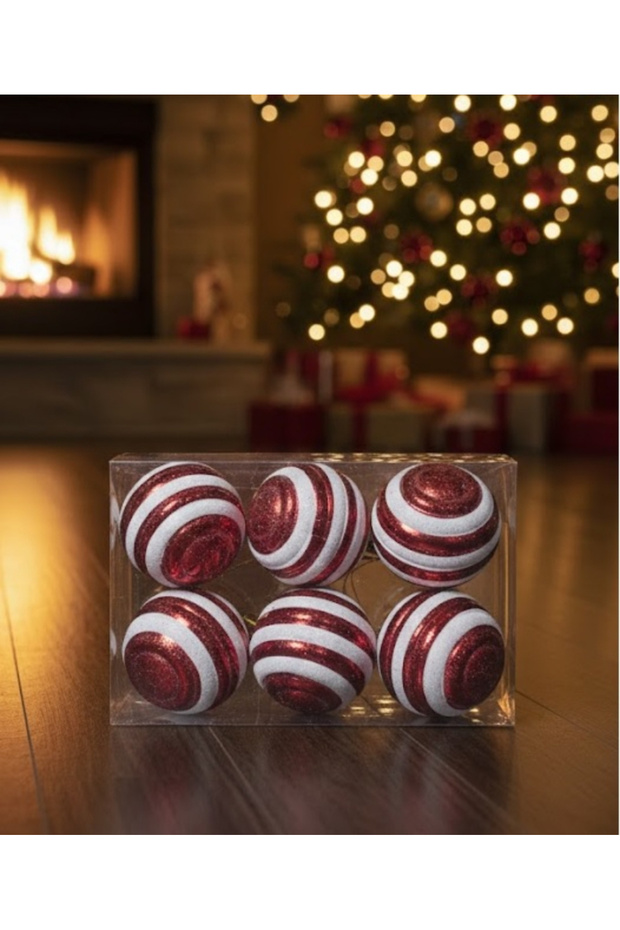 6-Piece Red and White Striped Ball Christmas Tree Ornament 6 cm