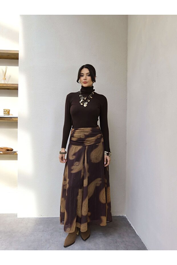 Bel Drape Simli Şifon Etek - 6