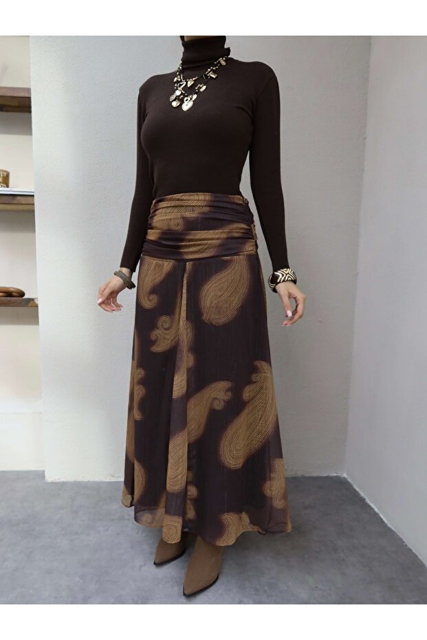 Bel Drape Simli Şifon Etek - 1