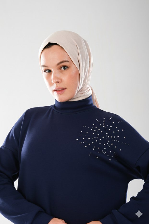 Women's Navy Blue, Stone Printed, Slit, High Neck Stylish Flexible Hijab Tunic - Daily / Evening Dress _2296