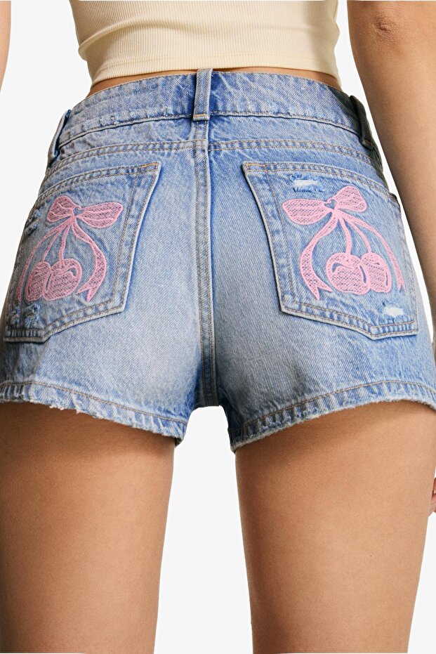 Baskılı denim şort - 3