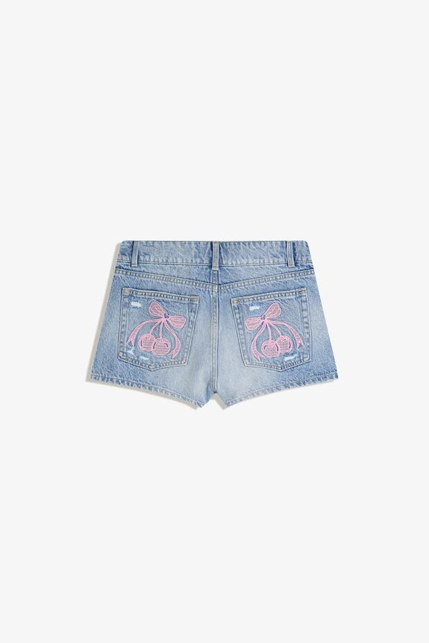 Baskılı denim şort - 5