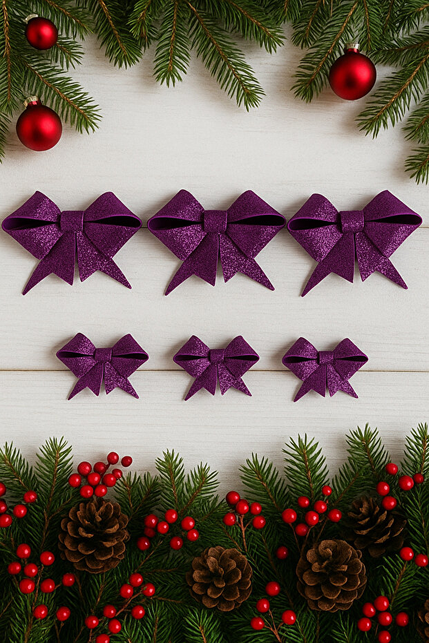 Purple Glitter Eva Bow Ribbon – Set of 6 (3 Pieces 9 cm + 3 Pieces 6.5 cm) Christmas Decoration