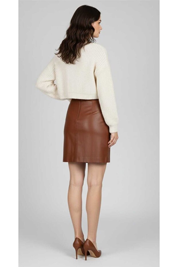 Şardonlu Deri Mini Etek - 2