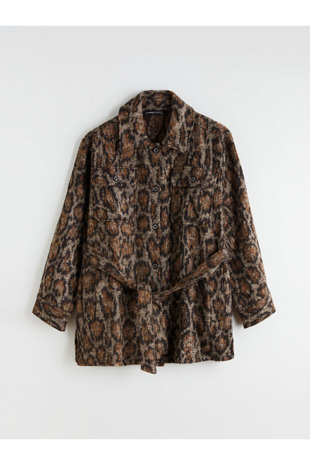 Brown Patterned Women's Cashmere Shirt Jacket from Plus-Store
