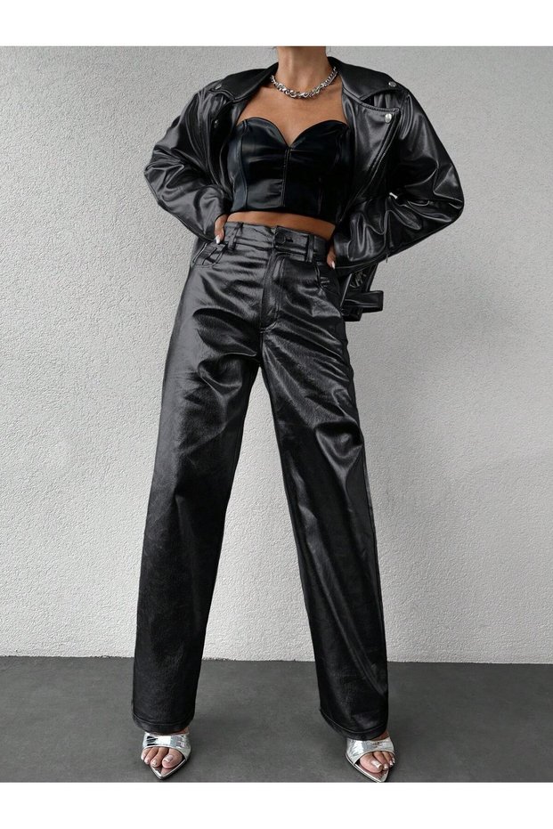 Women's Black Loose-Leg Leather Pants