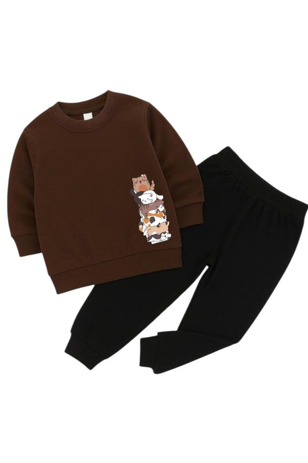 Cats Overlap Printed 3 Thread Children's Tracksuit Set