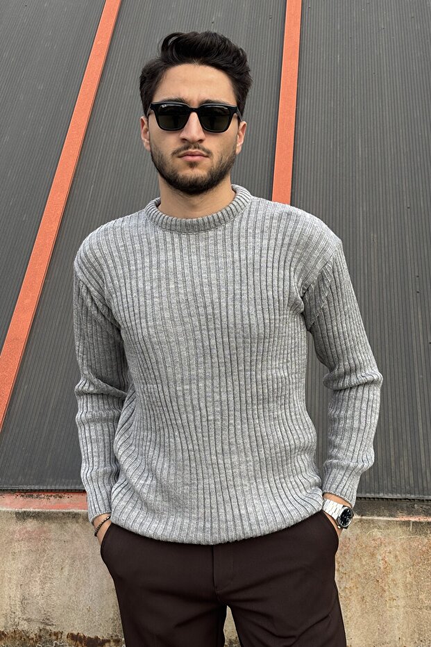 سترة تريكو أساسية بياقة دائرية، للشتاء والربيع، مخططة، ذات ملمس مميز، 25PLTK17 - 1