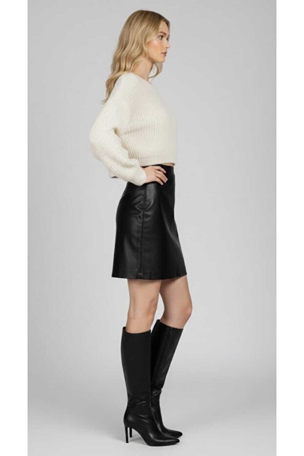 Şardonlu Deri Mini Etek - 3