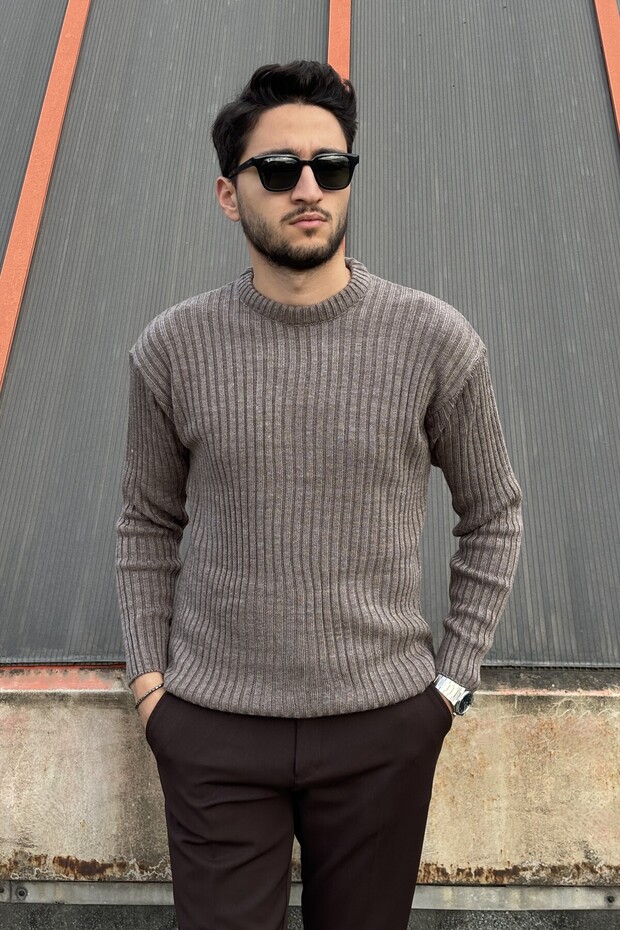 Crew Neck, Winter-Spring, Striped, Textured, Basic Knit Sweater 25Pltk17 - 3