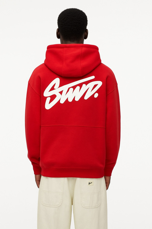 Unisex 3-Yarn Oversized SWND Text Printed Hooded Kangaroo Pocket Relaxed Daily Hoodie Sweat