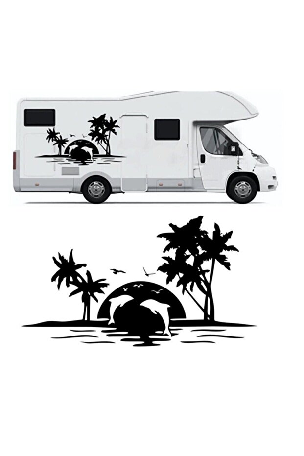 Palm Tree And Dolphins Camping, Caravan Sticker 120x66 cm Black