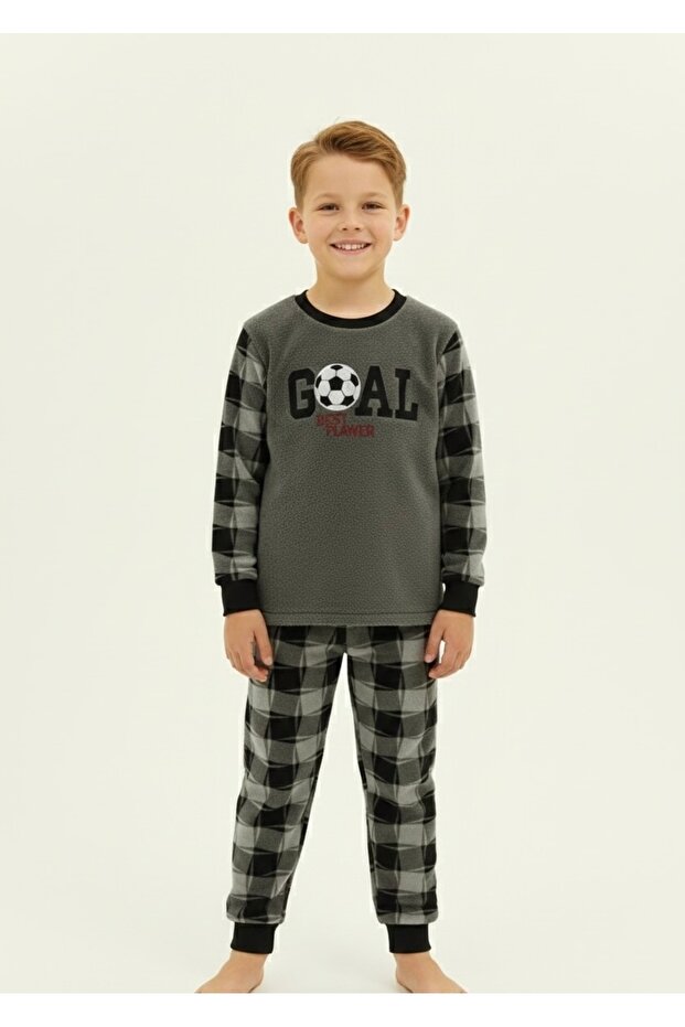 Boy's Diamond Patterned Soft Thick Winter Applique Embroidered Fleece Pajama Set Keeps Warm