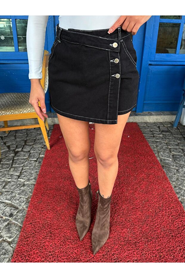 High Waist Front Back Pockets High Quality Style Double Closure Asymmetrical Bermuda Denim Shorts Skirt