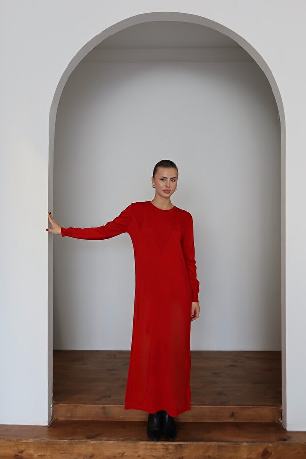 25015 Women's V Pattern Knitted Premium Anti-Pilling Knitwear Long Dress Red