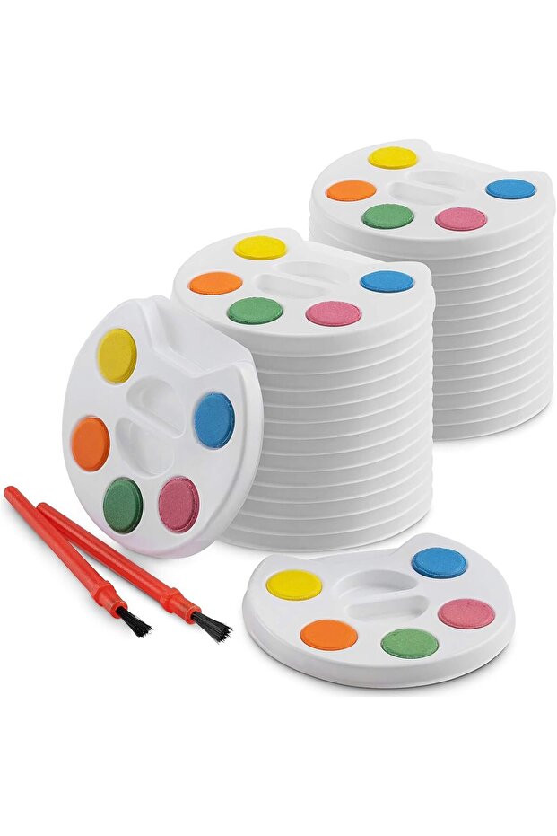 Mini Watercolor Kids Paint Set - 24-Piece Palette Tray with Brush - Party Favors & Educatio