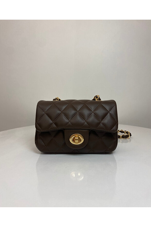 Bitter Brown Mini Quilted Knitted Chain Women's Hand and Shoulder Bag