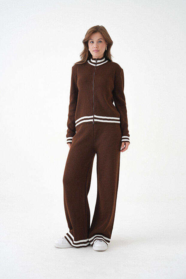 Women's Mock Neck Zipper Closure Striped Ribbed Knit Jacket Pants Double Knitwear Set