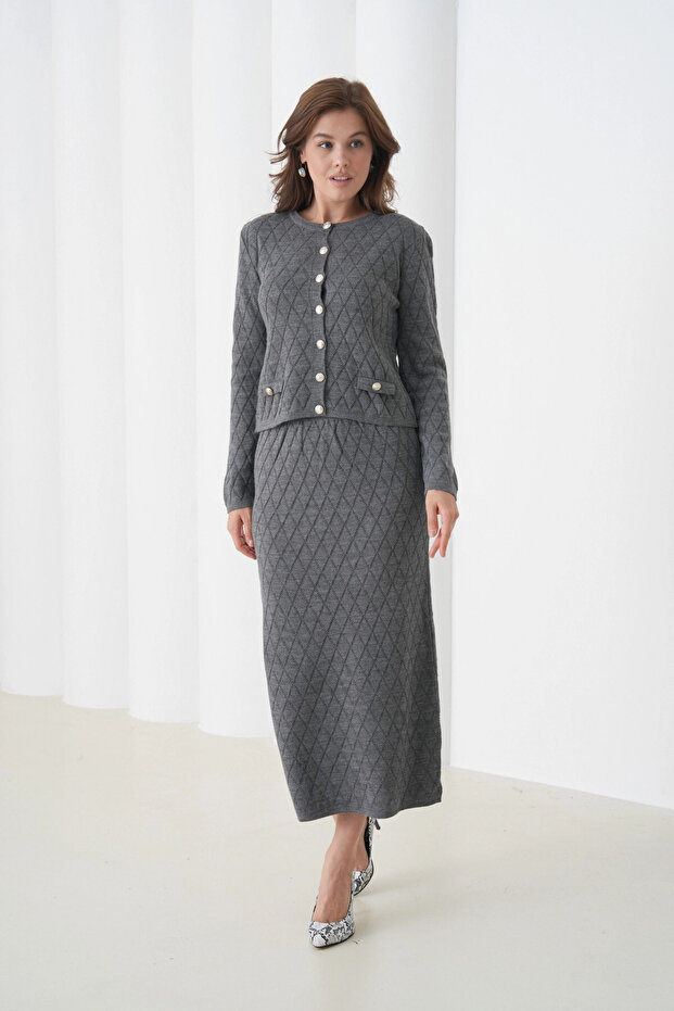 Women's Crew Neck Button Detail Patterned Jacket Skirt Two-Piece Knitwear Set