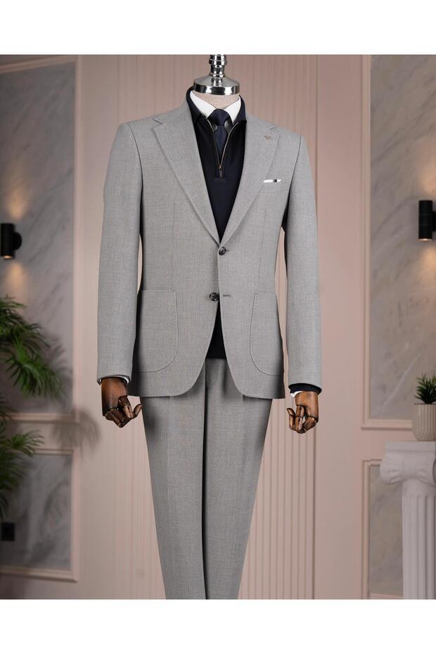 Italian Style S Slim Fit Peaked Lapel Jacket Vest Pants Suit Gray T14741