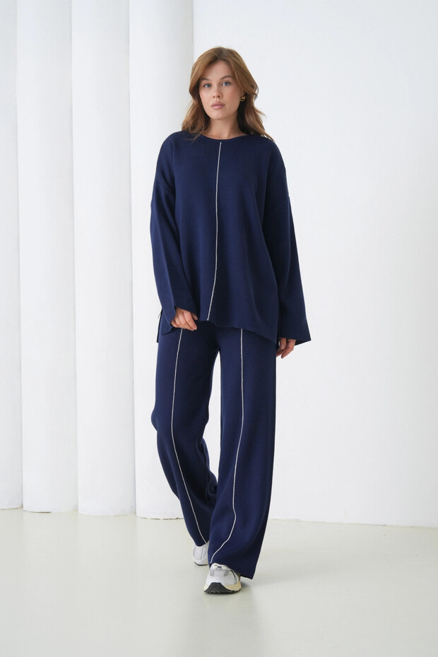 Women's Crew Neck Slit Oversized Sweater Pants Two-Piece Knitwear Set