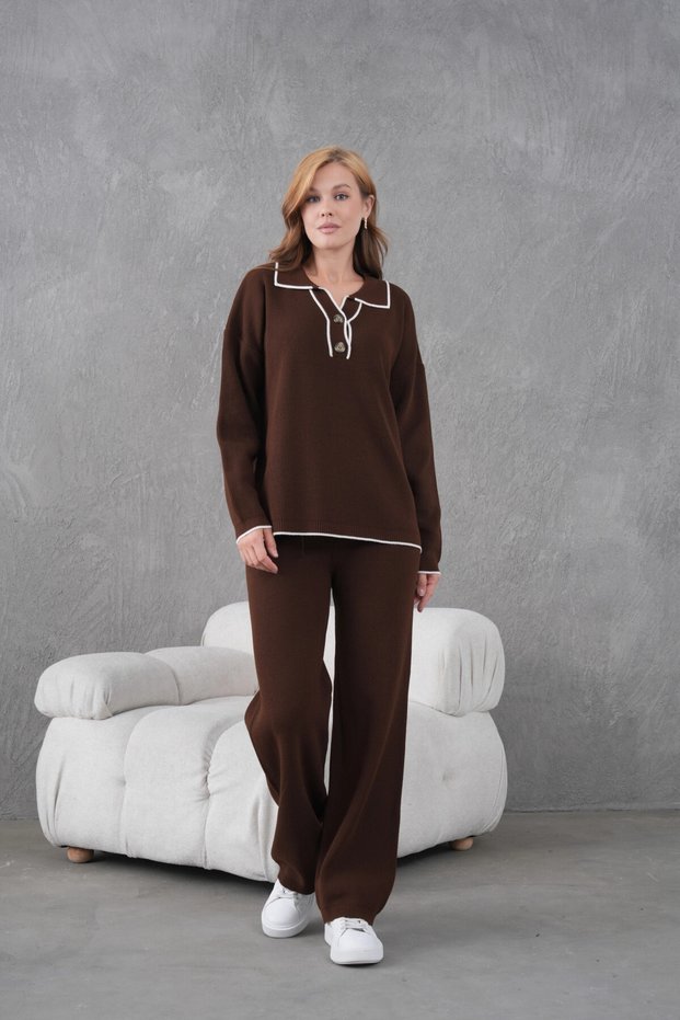 Women's Polo Neck Button Detail Oversized Ribbed Knit Sweater Pants Two-Piece Knitwear Set