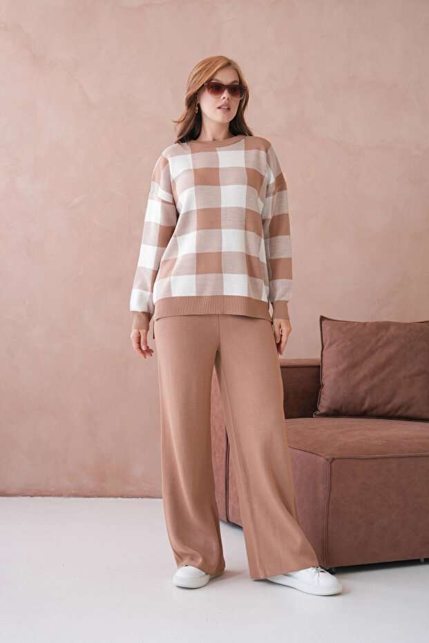 Women's Crew Neck Patterned Slit Casual Sweater Pants Two-Piece Knitwear Set