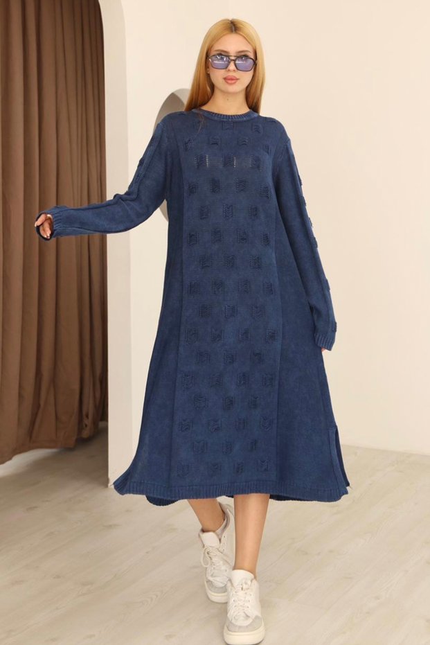 Women's Navy Blue Round Neck Patterned Pocketed Vintage Loose Cotton Knit Midi Dress