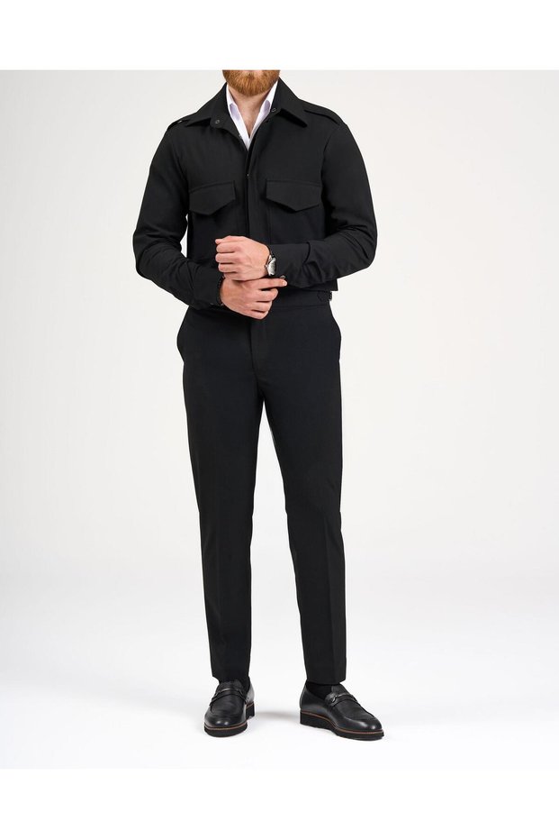 Italian Style Slim Fit Pocket Detailed Shirt Pant Suit Black T11966
