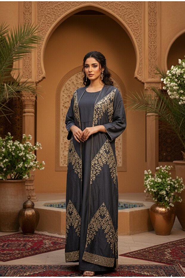 Cardigan adorned with intricate embroidery and mirror work, 2pcs Women's Robe