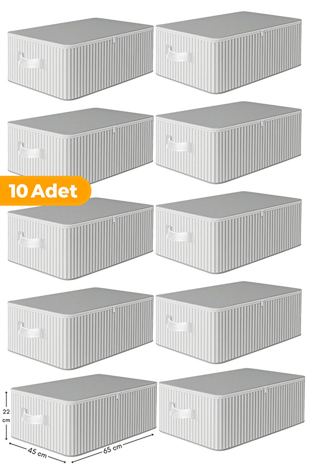 Serstil 10 Adet Antrasit Çizgili Büyük Boy Baza Altı ve Çekyat Hurç - 65x45x22 cm - Organizer.