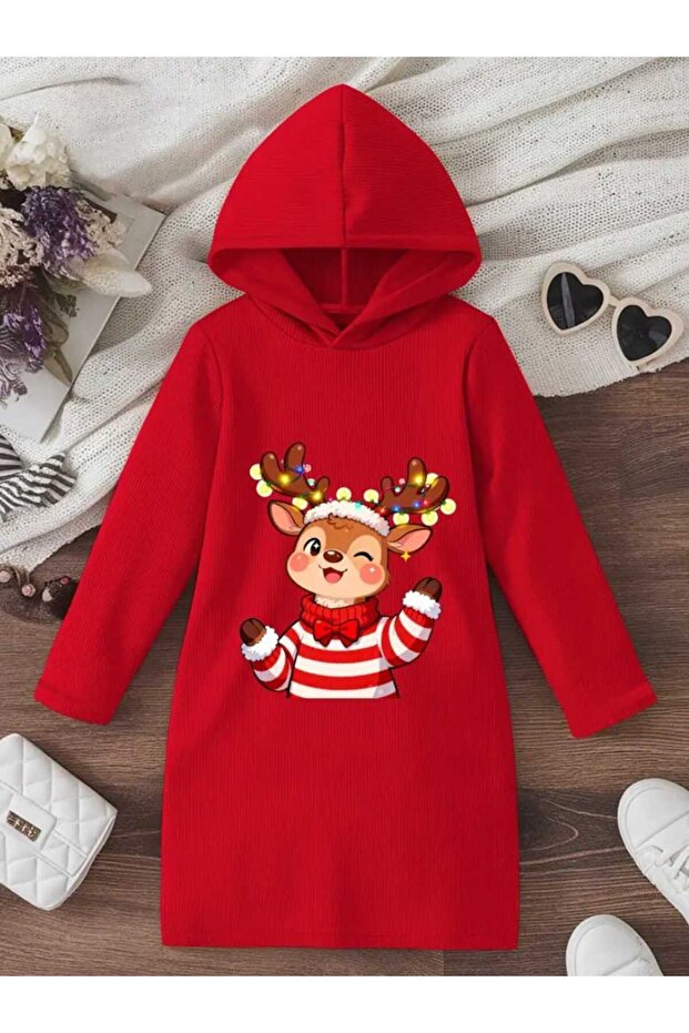 New Year Christmas Printed Hooded Girls' Dress