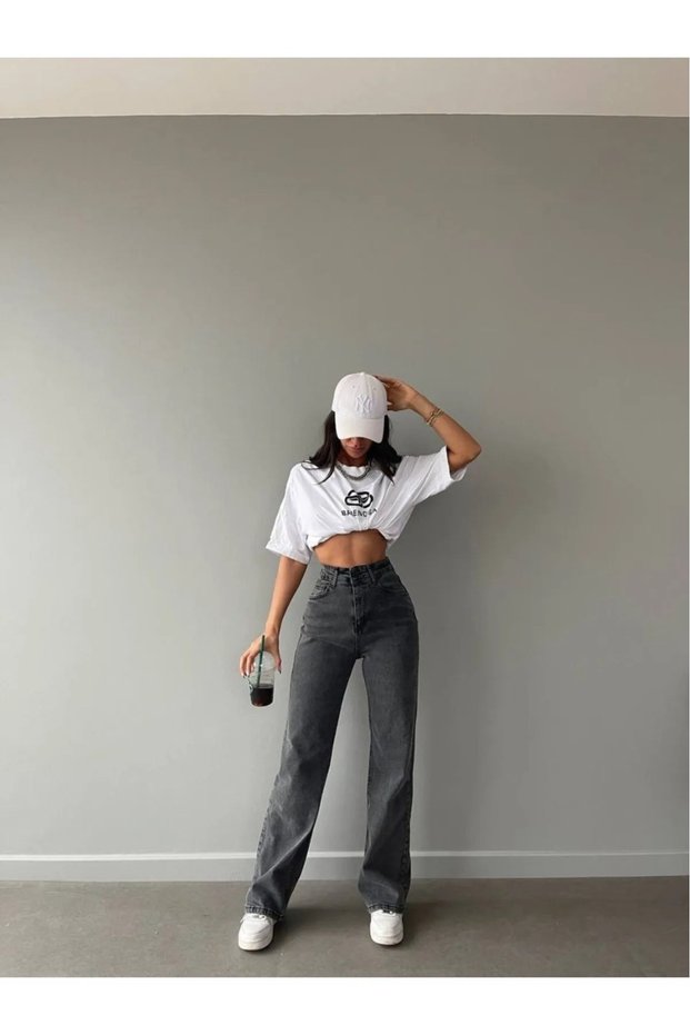 Danya Women's Power Stretch Fabric Women's Smoke High-Waist Relaxed-Leg Baggy Jeans Pants