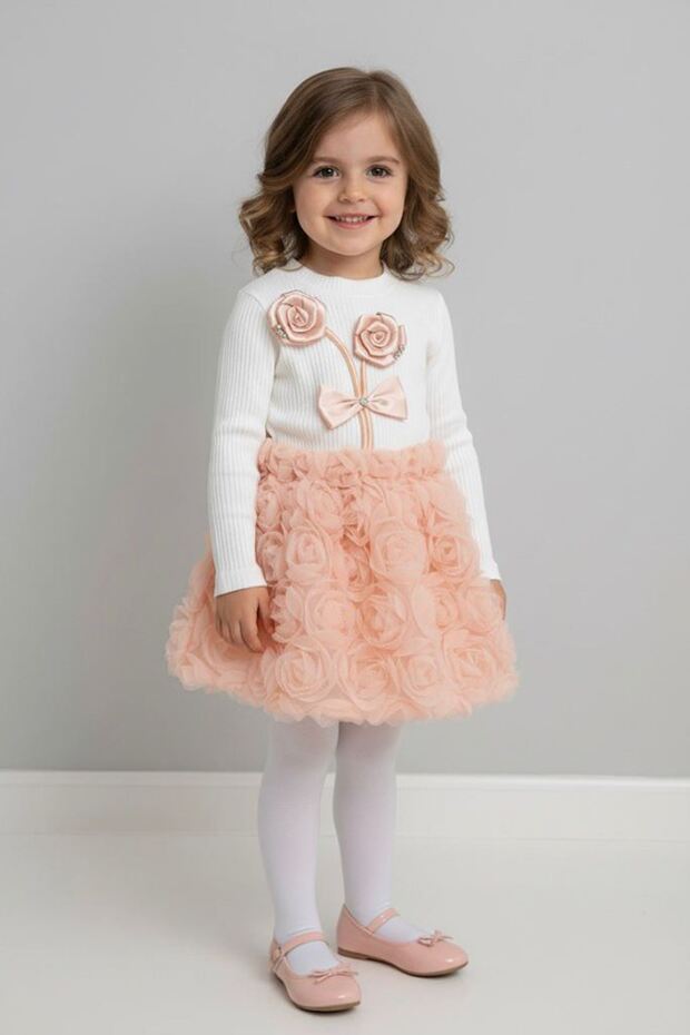 My Little Girl's Rose Embroidery Suit with Double Flower Detail - Salmon